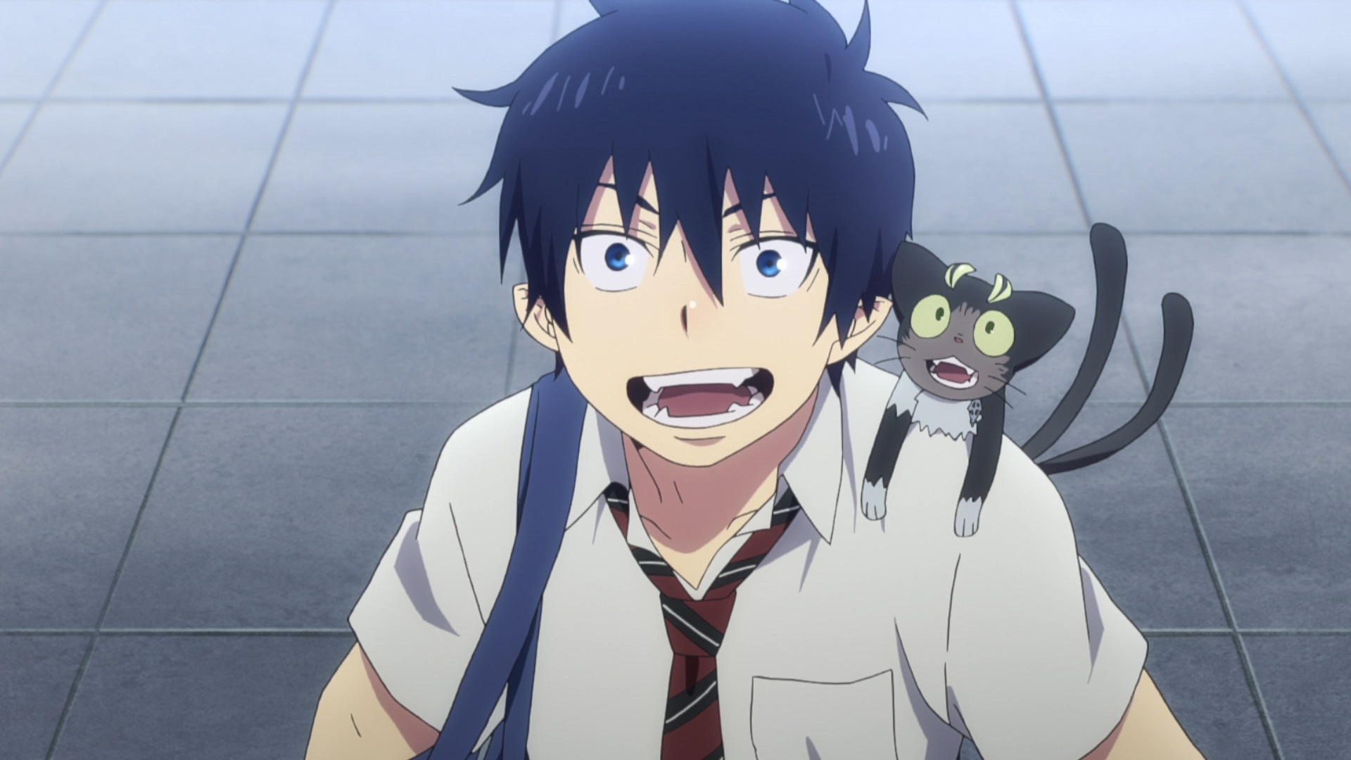 Rin Okumura and his familiar spirit, Kuro, admire the view in as scene from the Kyoto Arc of the Blue Exorcist TV anime.