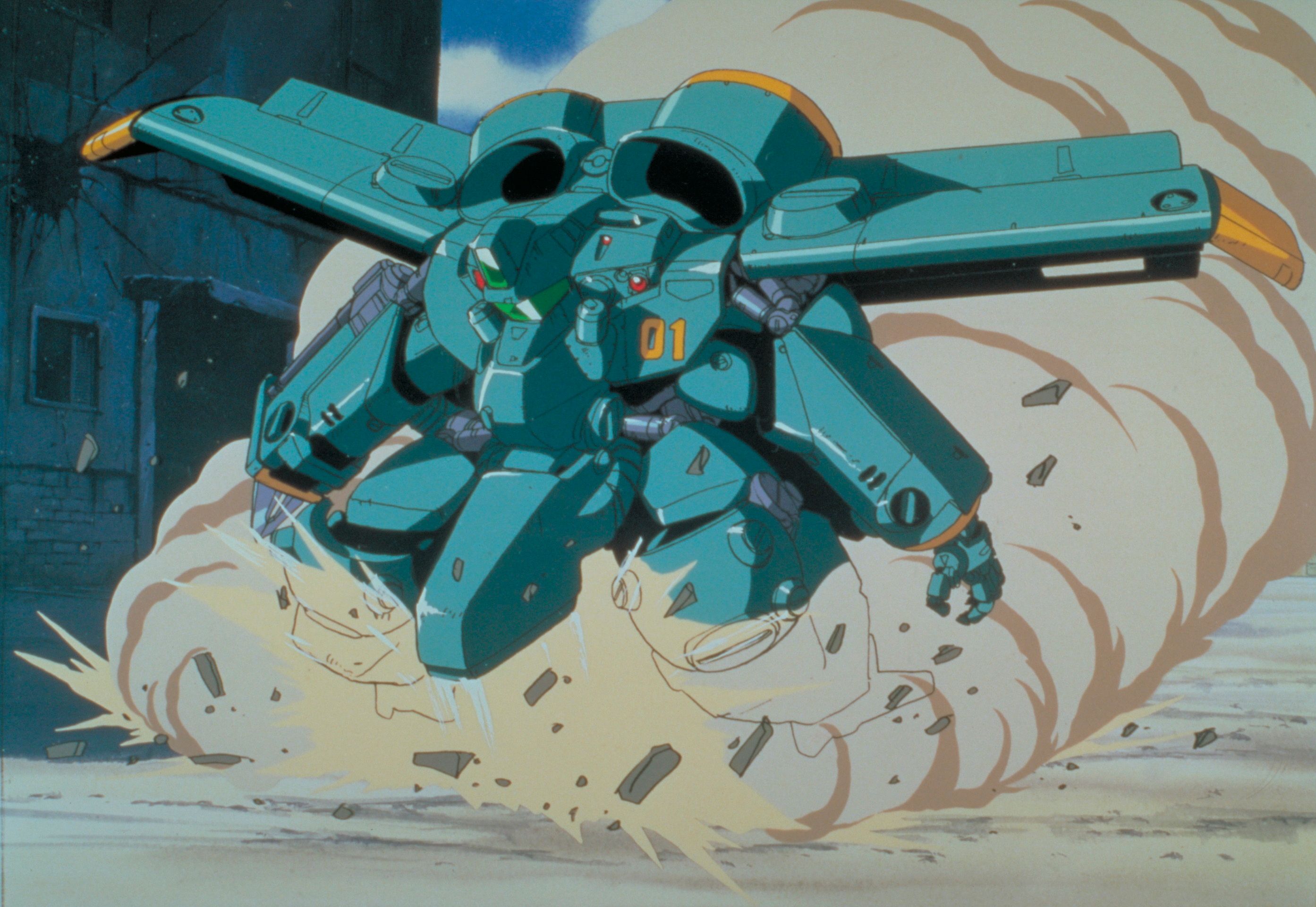 The MADOX-01 experimental powered armor suit launches into a hover mode, kicking up a huge cloud of dust amidst a ruined cityscape, in a scene from the 1987 Metal Skin Panic MADOX-01 original animation video.