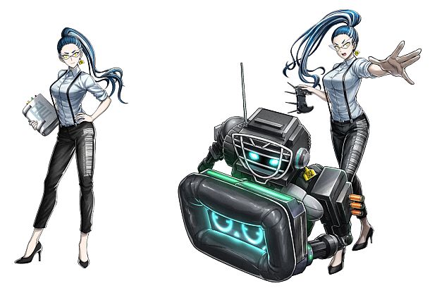 A character setting of Minami Oi from the upcoming Tribe Nine TV anime. Minami is a professional-looking young woman with glasses, a prominent earring on her left ear, and her blue hair tied up in a high top knot. She wears a dress shirt, suspenders, slacks, and high-heeled shoes. A large barcode is visible on the left leg of her pants. She operates a humanoid robot shaped like a baseball catcher with a remote control.
