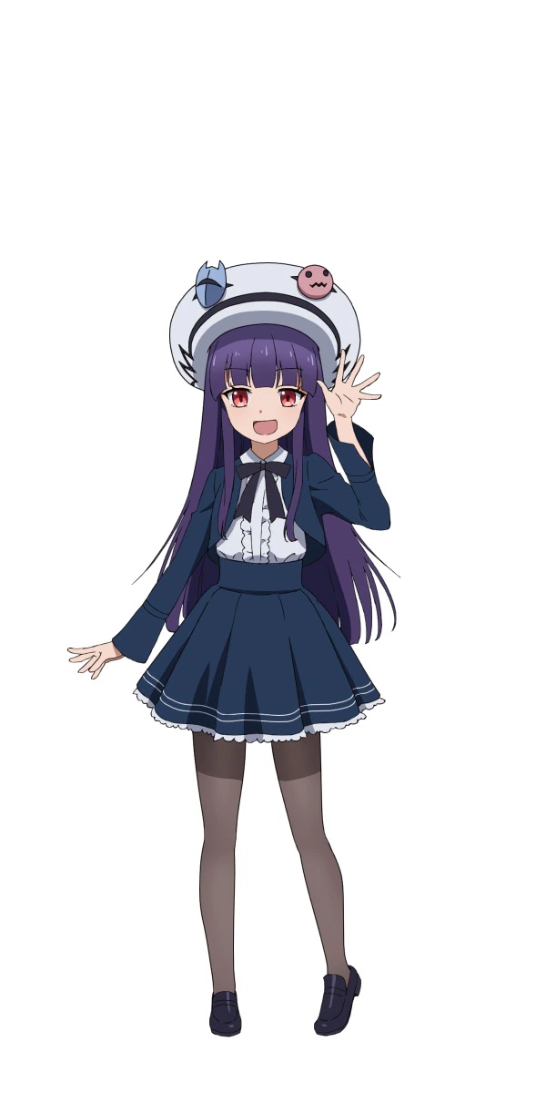 A character setting of Jucerino from the upcoming Peach Boy Riverside TV anime. Jucerino appears as a young girl with purple hair and red eyes. She wears a frilly dress and a large hat decorated with buttons that look like demon faces.