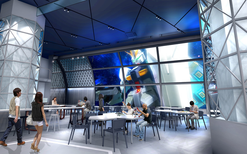 A promotional image for the GUNDAM SIDE-F FUKUOKA store at the LaLaport Fukuoka shopping center featuring a view of the Gunpla construction area flanked by a massive set of monitors displaying a scene from the Gundam anime franchise.