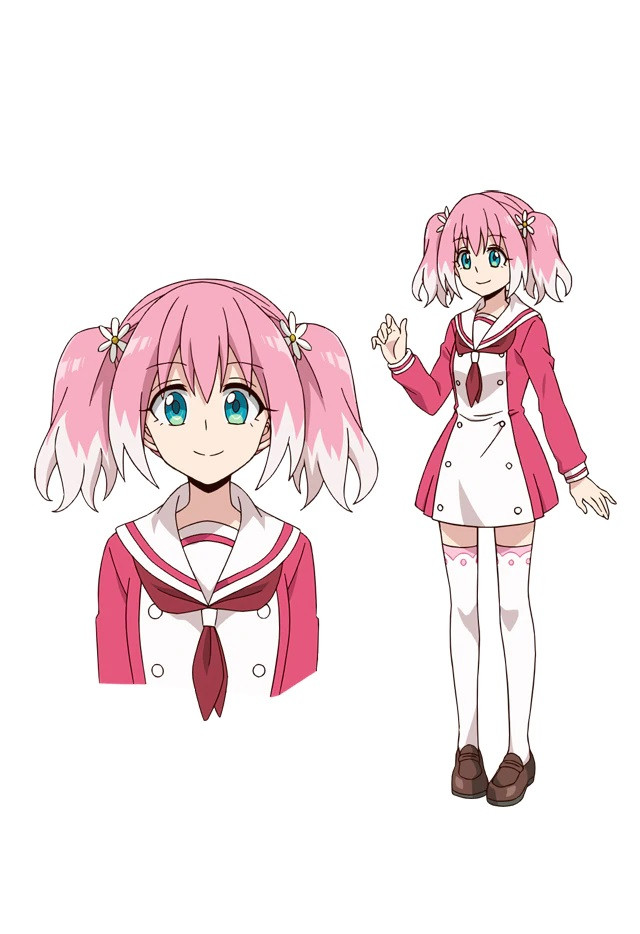 A character setting of Nana Hiiragi, the heroine of the upcoming Talentless Nana TV anime. Nana has pink hair and green eyes and wears a pink sailor fuku school uniform.