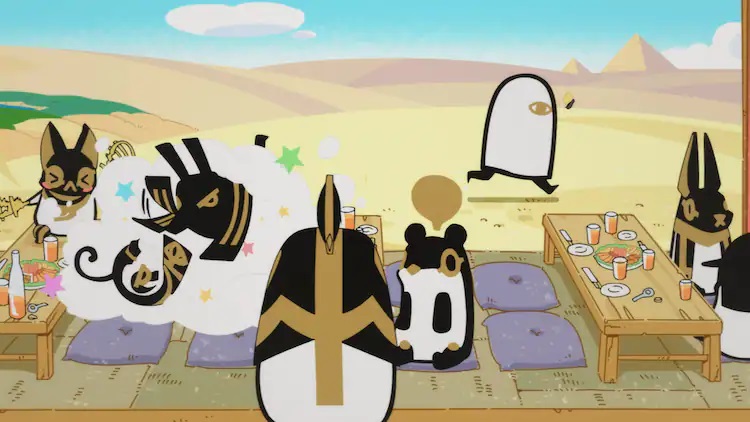 Die Götter des alten Ägypten laufen Amok bei einem Outdoor-Picknick in der Wüste in einer Szene aus der kommenden zweiten Staffel des Animes Oh, Suddenly Egyptian God.