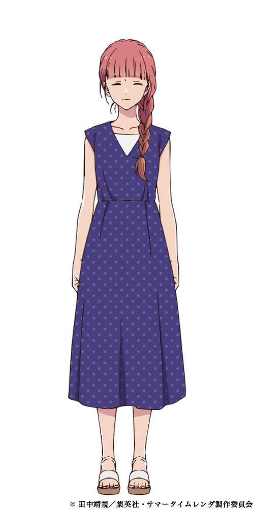 A character setting of Tokiko Hishigata, a demure looking young woman with her hair in a braided side ponytail and wearing a spotted print dress and sandals, from the upcoming Summertime Rendering TV anime.