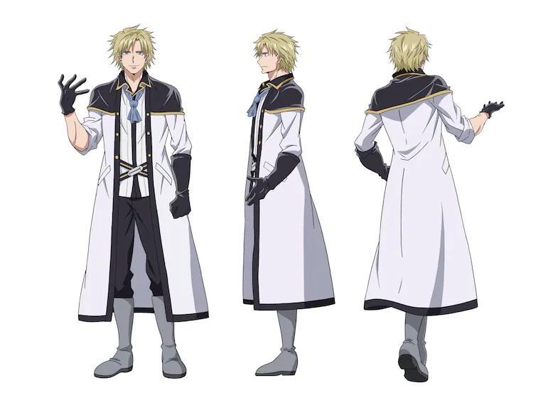 A character setting showing the front, side, and rear views of Kyle Osment from the upcoming The Legendary Hero is Dead! TV anime. Kyle is a handsome young man with spikey blonde hair and green eyes. He wears an adventuring outfit featuring a long black and white overcoat with gold trim, black gloves, and gray boots.