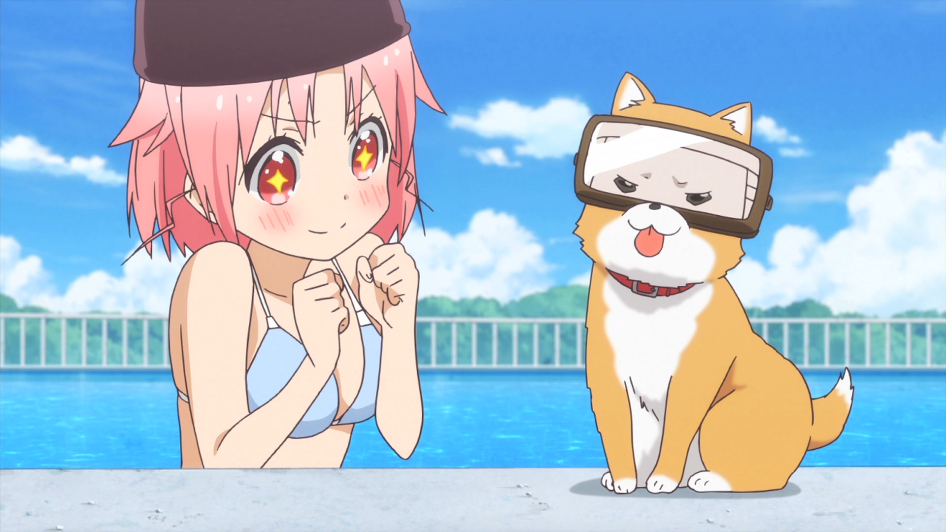 Yuki is impressed by Taroumaru's swim goggles in a scene from the 2015 SCHOOL-LIVE! TV anime.