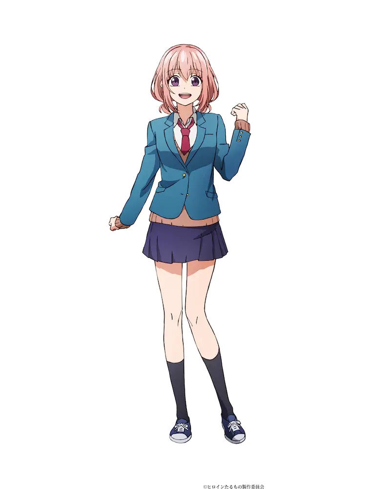 A character setting of Hina Setoguchi from the upcoming Heroine Tarumono! ~Kiraware Heroine to Naishou no Oshigoto~ TV anime. Hina is a petite young woman with pink hair and purple eyes dressed in a girls' school uniform with a blazer and a tie.