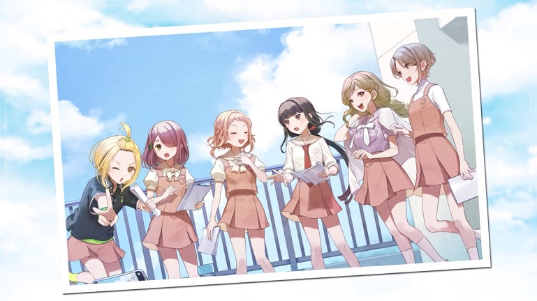 A promotional image for the upcoming Utagoe Ha Mille-Feuille anime featuring imagery of a photograph of the main cast practicing their singing on the roof of their high school on a sunny day.