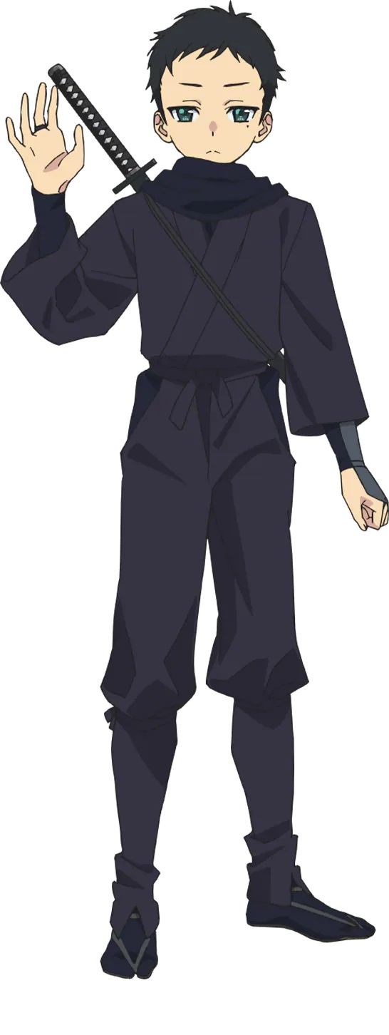 Un escenario del personaje de Hanzou del próximo anime televisivo 4-nin wa Sorezore Uso wo Tsuku.  Hanzou es un joven de cabello negro corto y ojos verdes.  Viste el traje oscuro tradicional de un ninja y lleva una espada en la espalda.