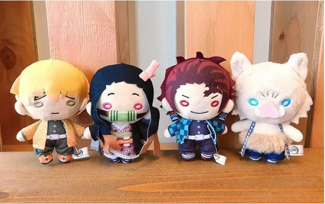 Takara Tomy's line-up of Nitotan plush toys for Demon Slayer: Kimetsu no Yaiba, including stuffed dolls of Zenitsu, Nezuko, Tanjiro, and Inosuke.