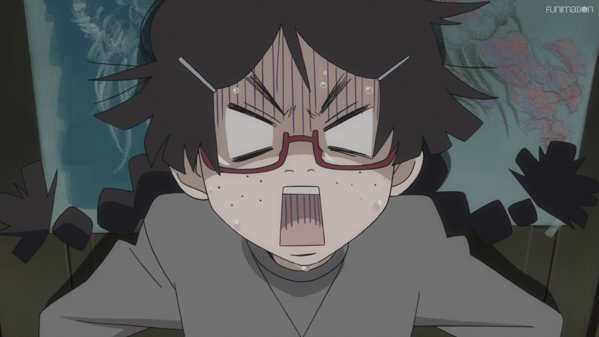 Tsukimi is shocked to discover Kuranosuke is a young man in drag in a scene from the Princess Jellyfish TV anime.