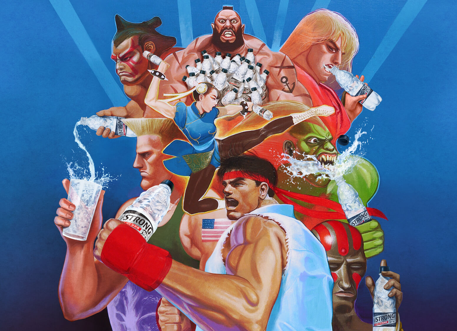 Una imagen promocional de la colaboración de The Strong Fighter II entre el videojuego Street Fighter II de Capcom y el producto de agua con gas THE STRONG de Suntory, con ilustraciones de E. Honda, Zangief, Ken, Guile, Chun Li, Blanka, Ryu y Dhalsim disfrutando de refrescantes botellas de STRONG agua con gas.
