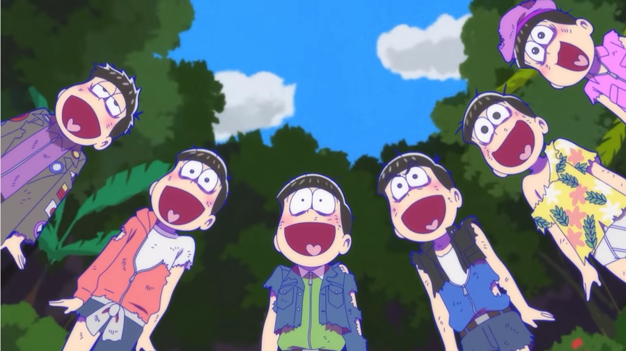 Bedraggled and hungry, the Matsuno brothers search the jungle for a legendary wish-granting fruit in a scene from the upcoming Osomatsu-san ~Hipipozoku to Kagayaku Kajitsu~ theatrical OAV.