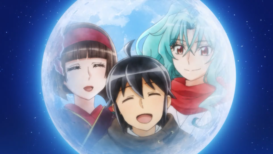 The smiling faces of Mio, Makoto, and Tomoe are reflected in the image of a full moon in a scene from the ending animation of the TSUKIMICHI -Moonlit Fantasy- TV anime.