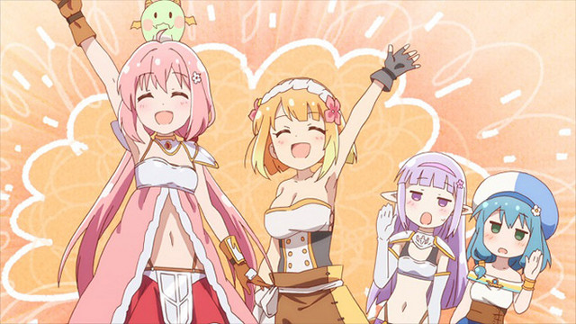 Yusha and Fai celebrate while Seira and Mei curb their enthusiasm in a scene from the ENDRO! TV anime.