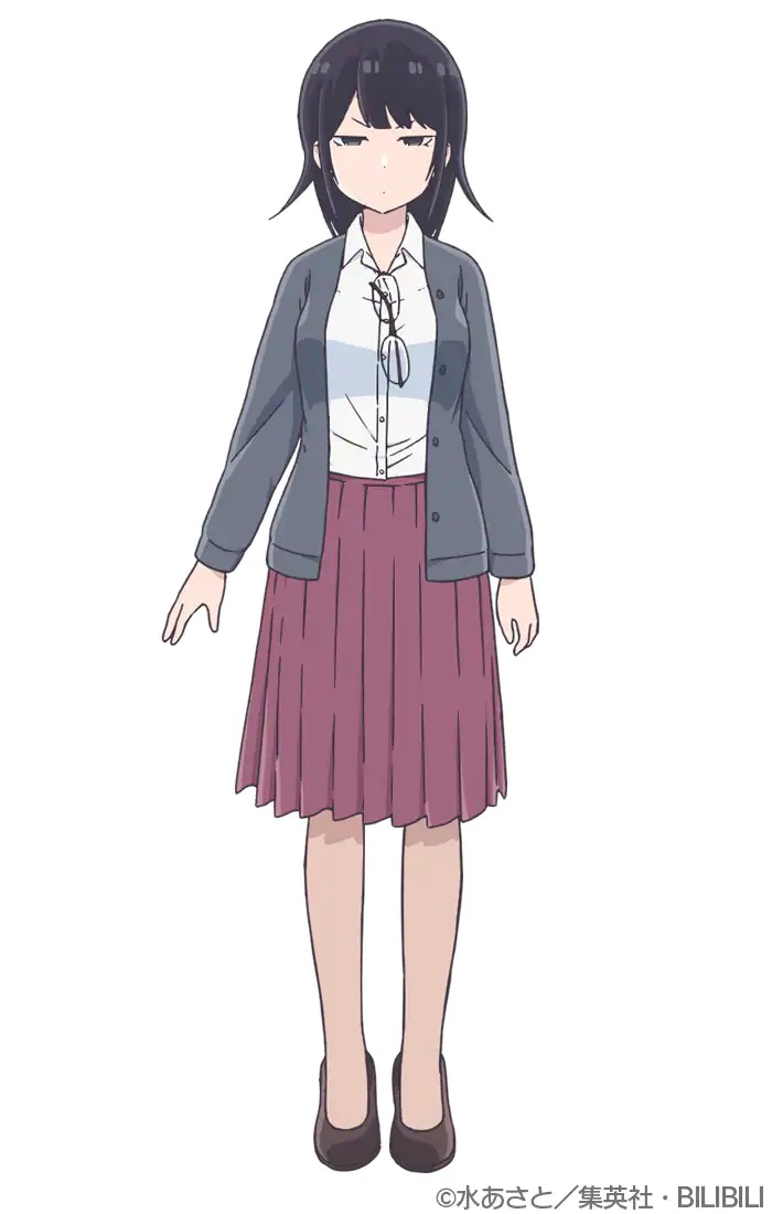 A character setting of Tohbaru-sensei from the upcoming Aharen-san wa Hakarenai TV anime. Tohbaru-sensei is a women with shoulder length black hair and green eyes. She wears a white work shirt, a grey sweater, a purple skirt, and brown dress shoes, and she keeps her eyeglasses hooked on to the collar of her shirt. She maintains a severe and scowling expression.