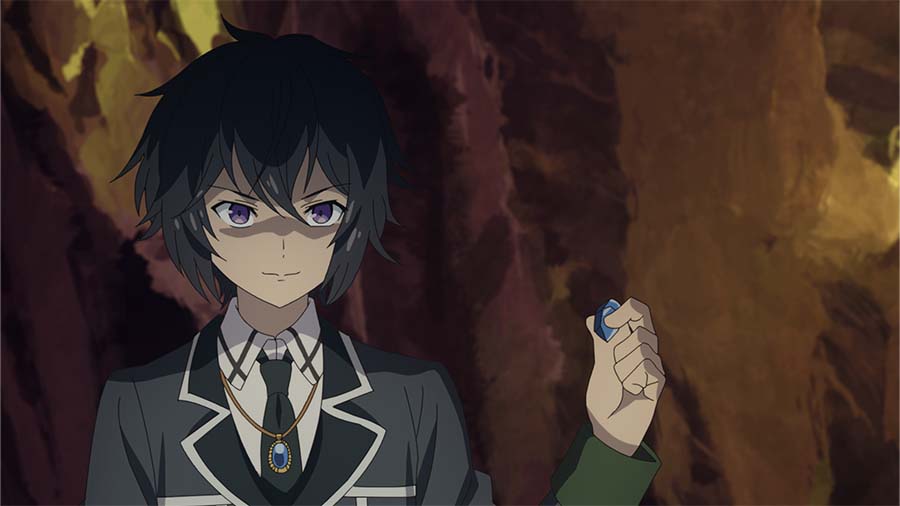 Matthias schwingt mit einem grimmigen Lächeln im Gesicht einen Edelstein in einer Szene aus dem TV-Anime „The Strongest Sage With the Weakest Crest“.