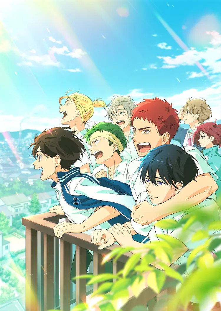 A new key visual for the upcoming Backflip!! The Movie theatrical anime film featuring the main cast shouting enthusiasticall over a railing on a hill overlooking their home town on a bright and sunny day.