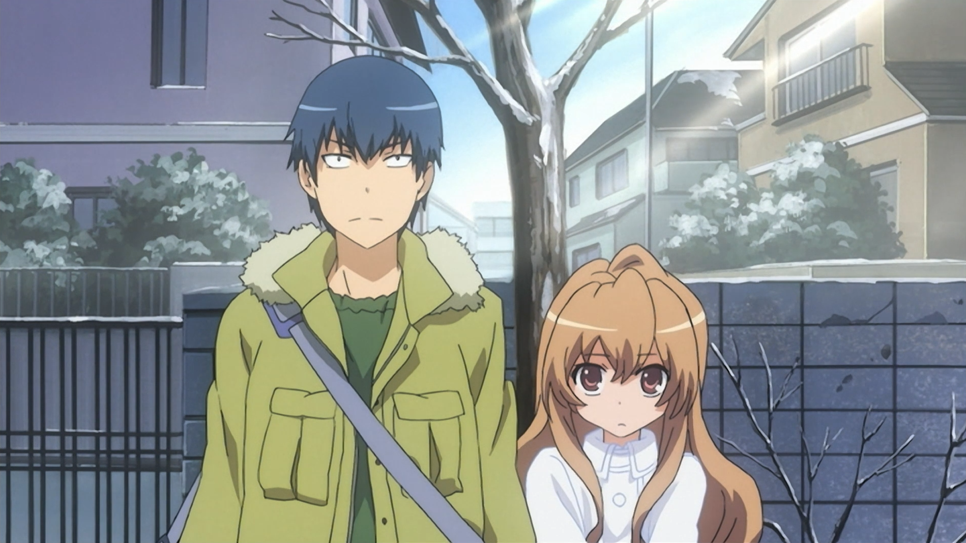 Ryuji and Taiga prepare to announce their marriage to Taigai's parents in a scene from the Toradora! TV anime.