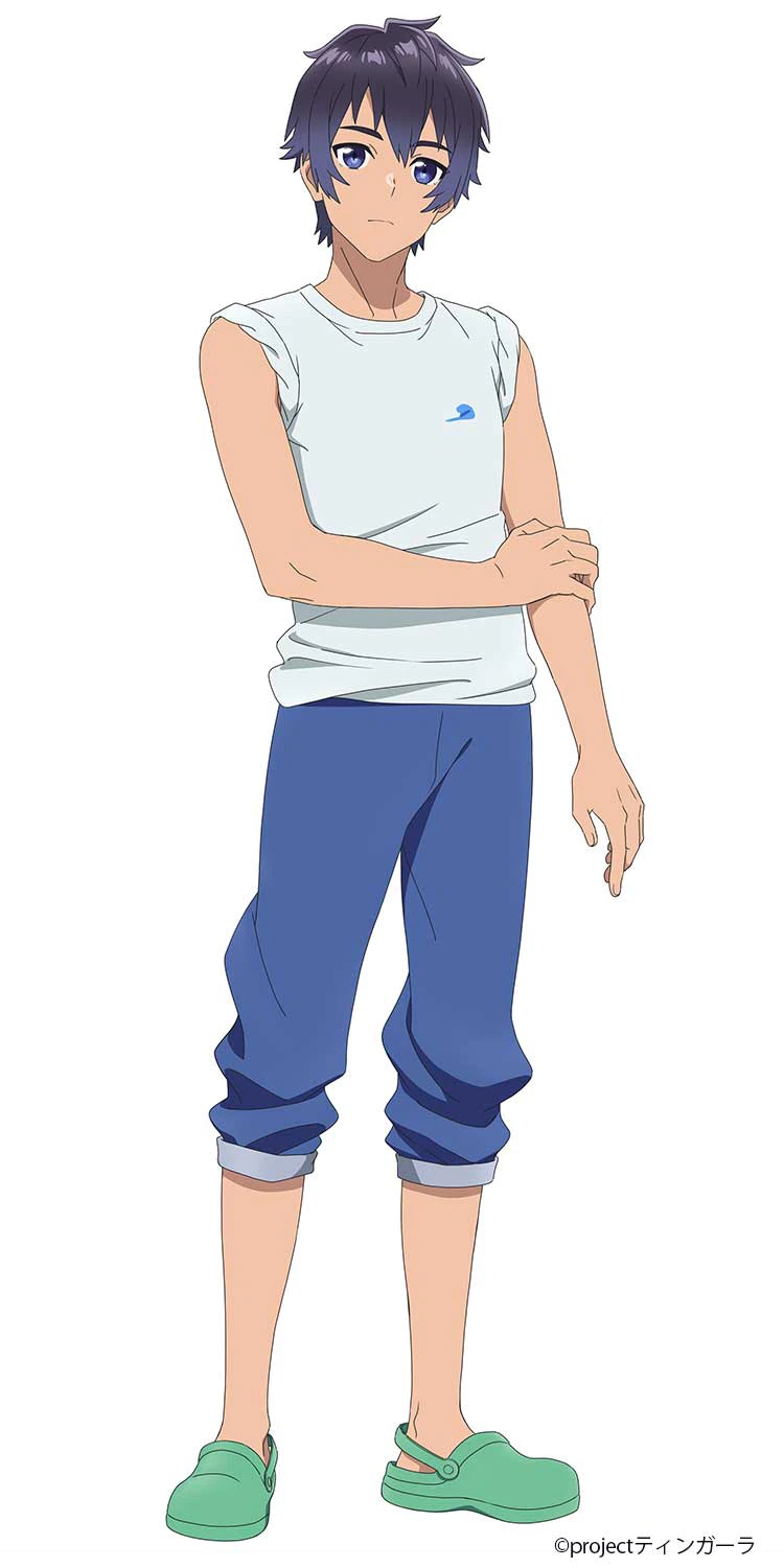 A character setting of Kai Nakamura from the upcoming Aquatope of White Sand TV anime. Kai is an earnest-looking young man with tousseled, dark hair and blue eyes who dresses in a T-shirt with rolled up sleeves, jeans, and crocs.