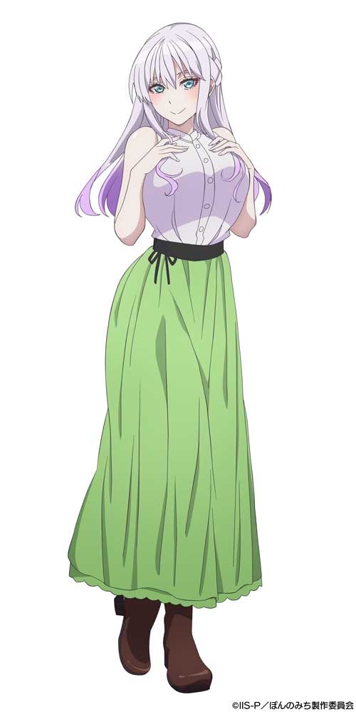 Eine Charakterverfilmung von Rich Hayashi aus dem kommenden TV-Anime „Pon no Michi“.  Riche ist eine dralle junge Frau mit langen lila Haaren und grünen Augen.  Sie trägt eine weiße Bluse, einen langen grünen Rock und braune Stiefel.