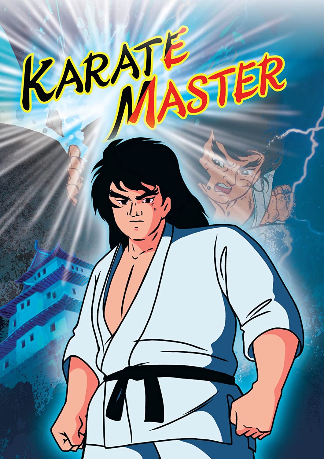 An image of the cover of the DVD release of the 1973 - 1974 Karate Master TV anime by Discotek Media, featuring artwork of the main character, Ken Asuka, standing with a determined look in his karate gi in front of a Japanese castle.