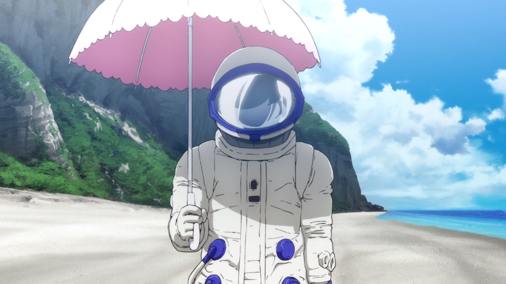 Rinne Ohara strolls the beach with a parasol and a full body space-suit to keep the sun off in a scene from the 2018 ISLAND TV anime.