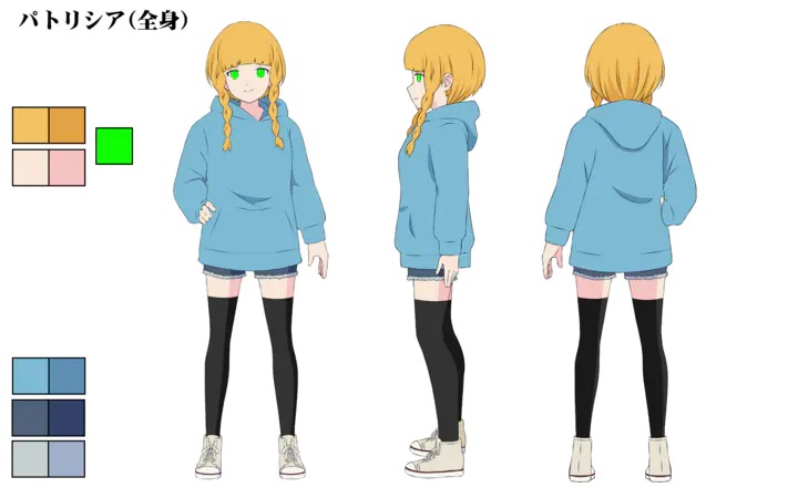A character setting of Patricia, the heroine of the upcoming Spaceman X ~Sugoi Uchuu Daibouken~ theatrical anime film. Patricia is a young girl with blonde hair and green eyes. She wears a light blue swear, cut off shorts, black thigh high stockings, and sneakers.