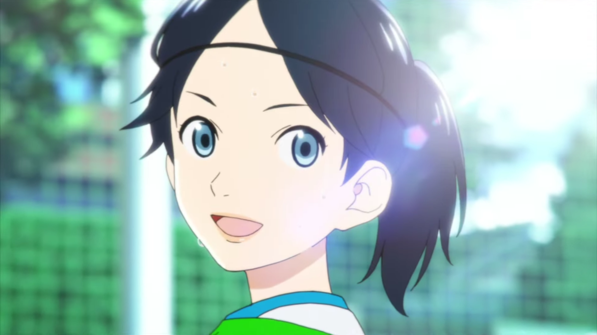 Nozomi Onda smiles during an intense session of soccer practice in a scene from the upcoming Farewell, My Dear Cramer TV anime.