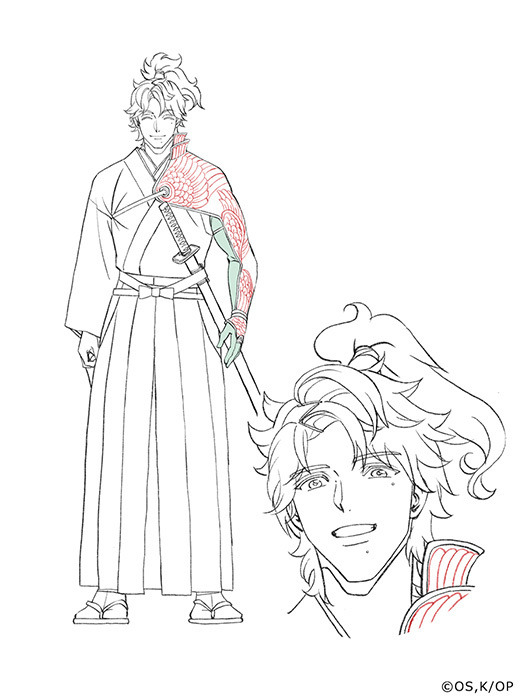 A character setting of Hideo Kosameda from the upcoming Orient TV anime. Kosameda is a smiling young man who is dressed in a traditional samurai shirt and hakama combo with armor covering his left arm and shoulder. He also carries a katana sheathed at his waist. 