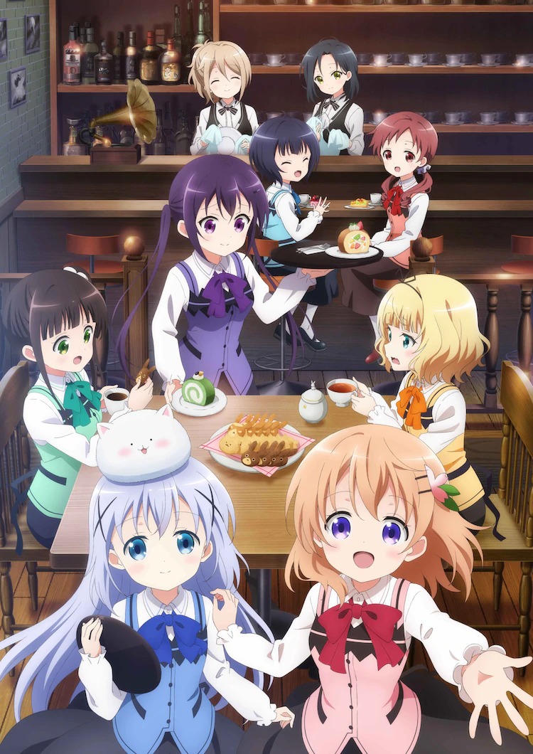 A key visual for Is the Order a Rabbit? BLOOM, featuring the main characters working hard and welcoming the viewer to the Rabbit House cafe.