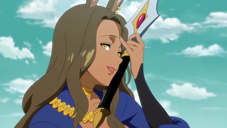 Romana brandishes a short-handled spear and smiles in a scene from the upcoming Giant Beasts of Ars TV anime.