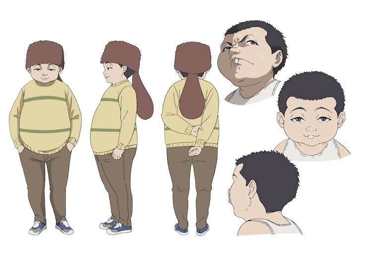 Eine Charaktereinstellung von Maruta Tsutsumi aus dem kommenden Migi & Dali TV-Anime.  Maruta ist ein kleiner, molliger junger Mann mit Hasenzähnen und kurz geschnittenen schwarzen Haaren.  Er trägt eine Biberfellmütze, einen gelben Pullover, eine braune Hose und blaue Turnschuhe.