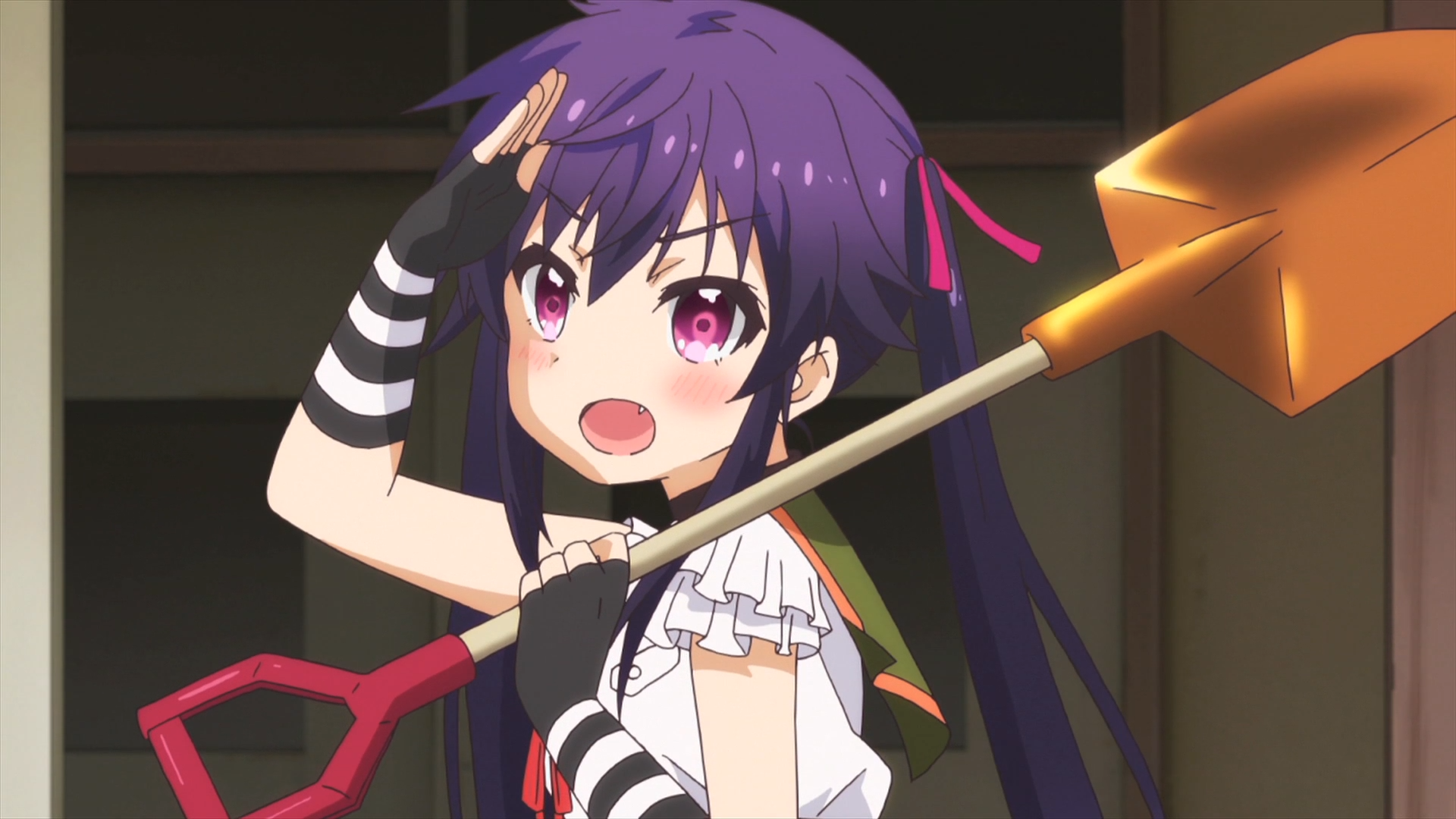 Kurumi Ebisuzawa hoists her shovel and salutes as she prepares to venture out into the zombie-infested school in a scene from the SCHOOL-LIVE! TV anime.