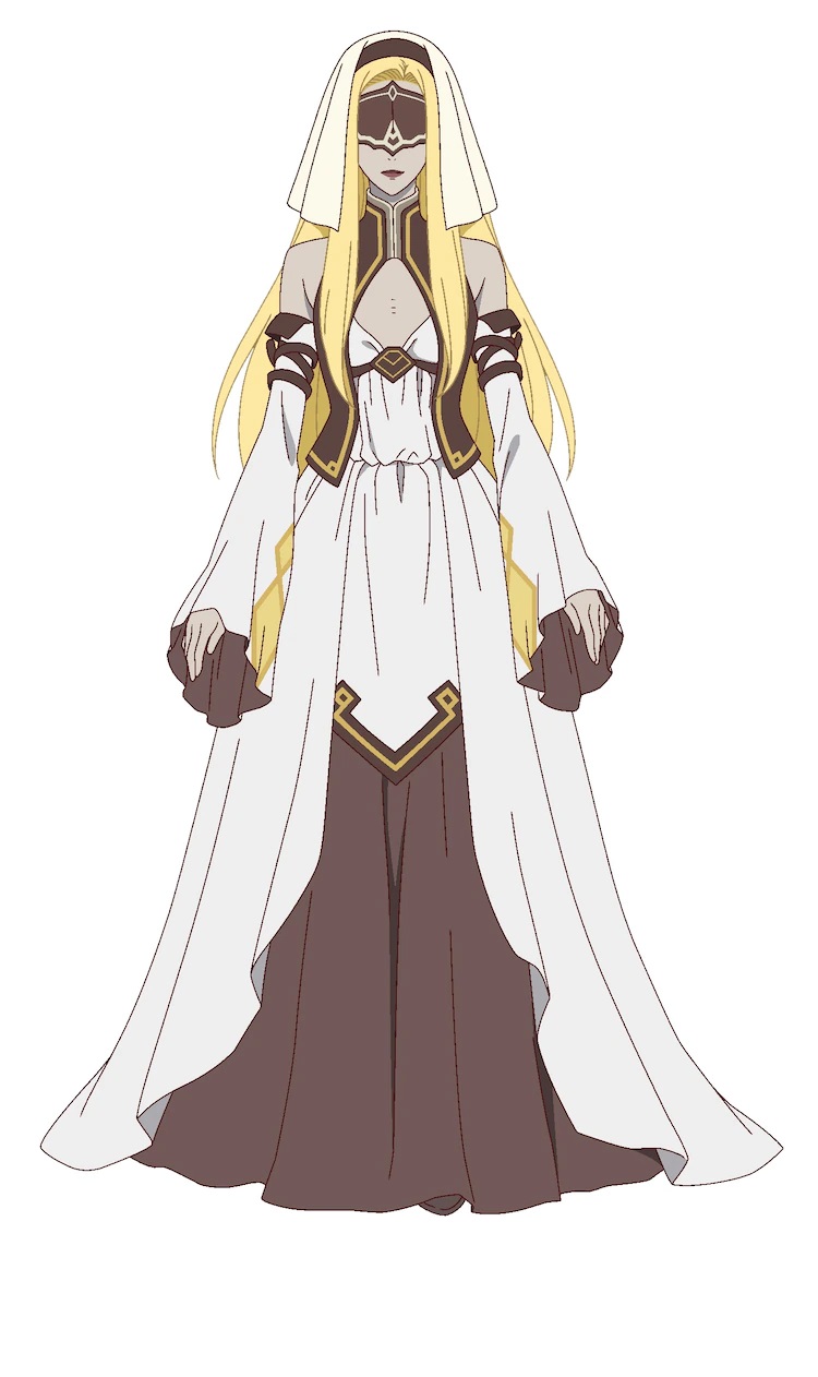 A character setting of Mary, a mummified priestess from the upcoming The Faraway Paladin TV anime. Mary appears as an undead woman with blonde hair, black lips, and gray skin dressed in flowing ceremonial robes, a head dress, and a blindfold.