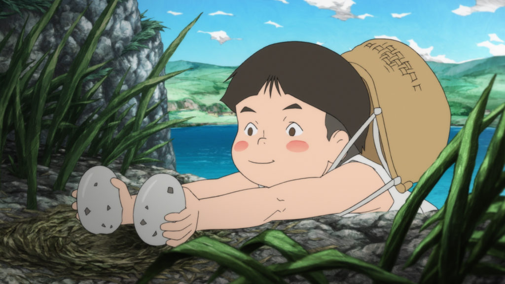 Con una canasta de mimbre atada a su espalda, Kanta roba un par de huevos moteados del nido de un pájaro mientras explora un área remota de la isla en una escena de la película de anime de 2014, Giovanni's Island.
