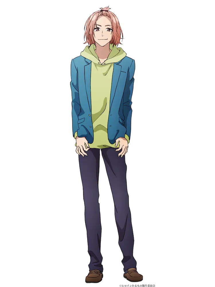 A character visual of Ken Shibasaki from the upcoming Heroine Tarumono! ~Kiraware Heroine to Naishou no Oshigoto~ TV anime. Ken is a handsome young man with long pinkish hair with the bangs held up by barette. He wears casual clothing: a jean jacket, hoodie, slacks, and loafers.