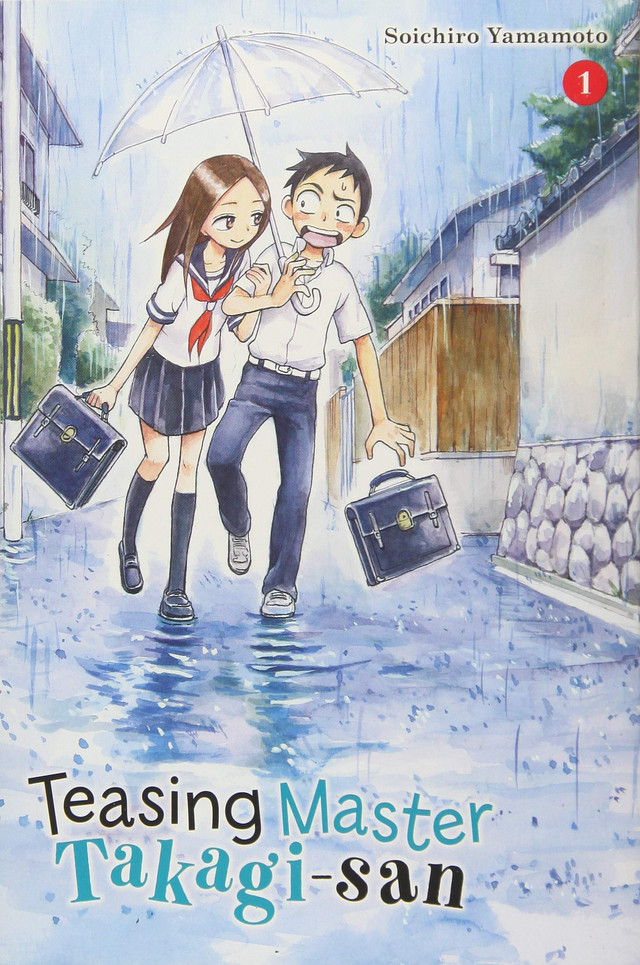 The first volume of the English language version of Teasing Master Takagi-san, published by Yen Press and illustrated by Soichiro Yamamoto. The cover features Takagi and Nishkata sharing an umbrella as they walk to school in the rain.