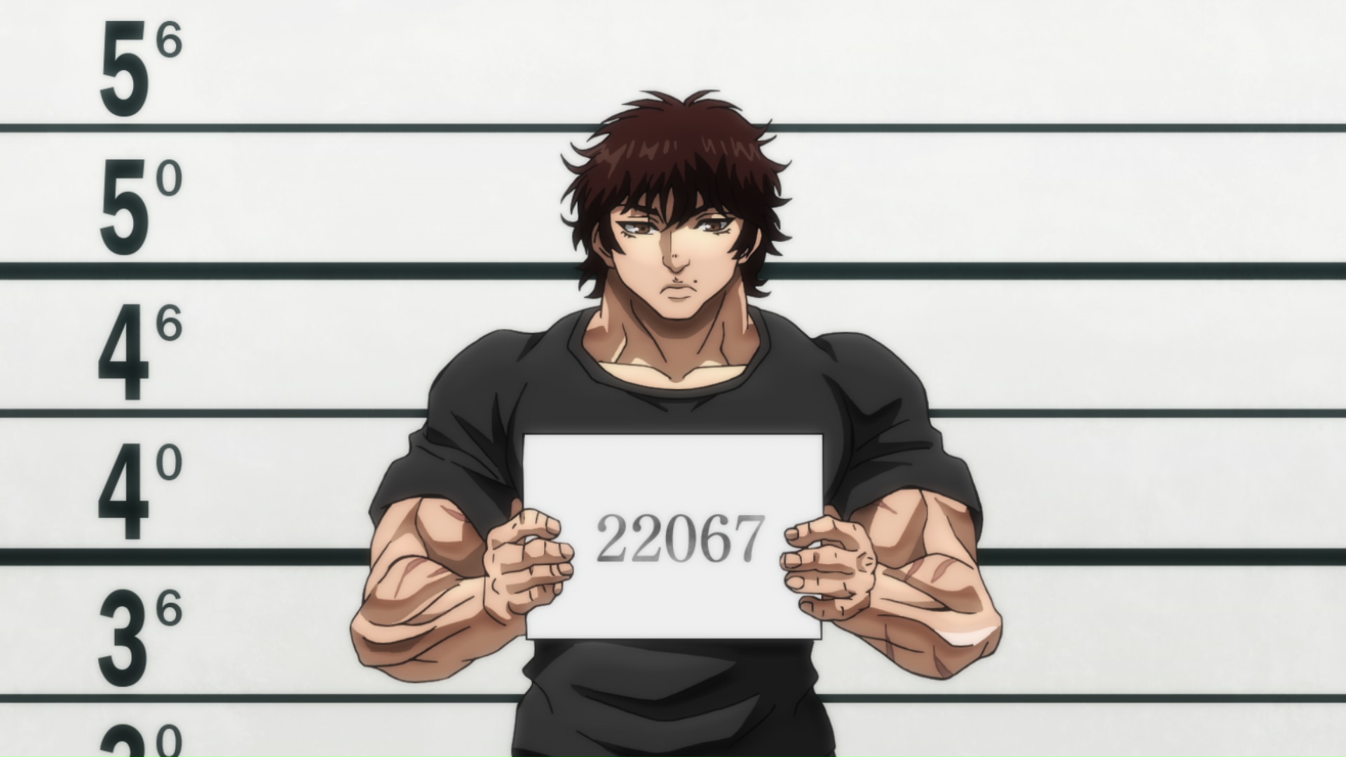 Baki poses for a mug shot after kidnapping a certain extremely prominent politician in a scene from the Baki Netflix Original Anime.