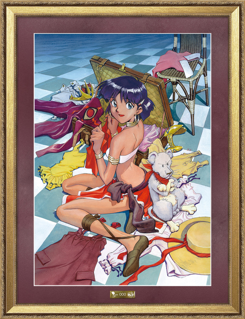 A promotion image of one of the pieces of reproduction artwork sold at the Nadia: The Secret of Blue Water 30th Anniversary, featuring Nadia and King sorting through a pile of outfits and a suitcase.