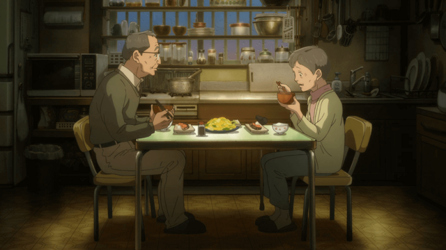 Michio and Yoko, an elderly couple, share a meal in a scene from the 8th "Ryotei no Aji Ekimiso" animated TV CM.