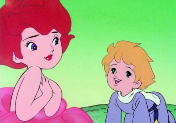 Der kleine Prinz interagiert mit Rose, einer Blume in Form eines menschlichen Mädchens, in einer Szene aus dem TV-Anime Hoshi no Ojisama Puchi Prince von 1978-1979.
