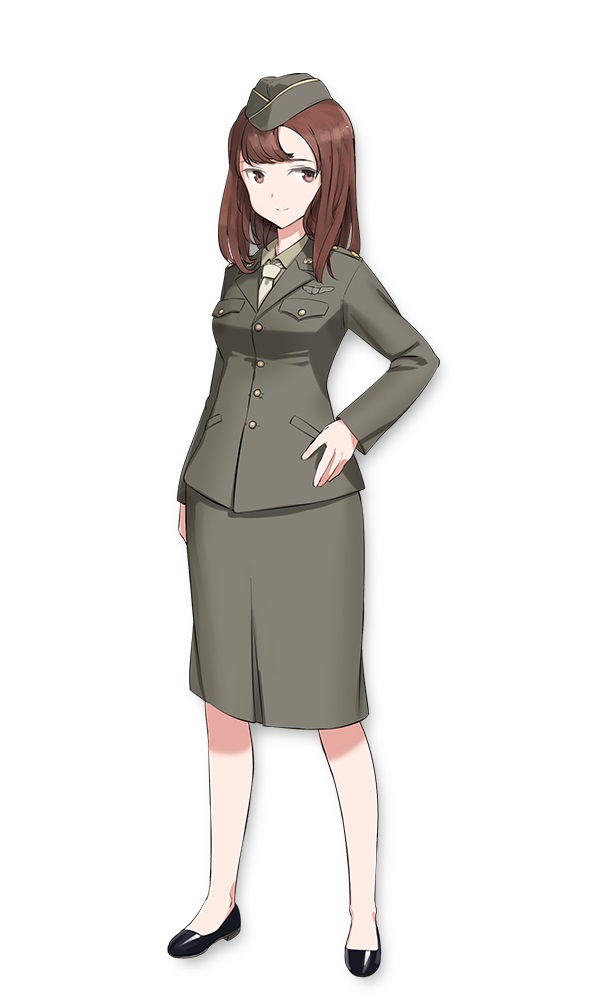 A character setting of Grace Maitland Stewart from the upcoming Luminous Witches TV anime. Grace is a confident young woman with shoulder length brown hair and brown eyes who wears a military dress uniform.