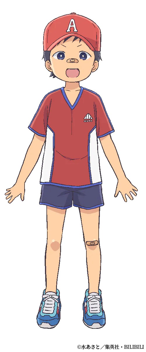A character setting of Atsushi from the upcoming Aharen-san wa Hakarenai TV anime. Atsushi is an elementary school boy dressed in a baseball cap, baseball jersey, shorts, and sneakers. He sports a wide grin and has a bandage across the bridge of his nose.