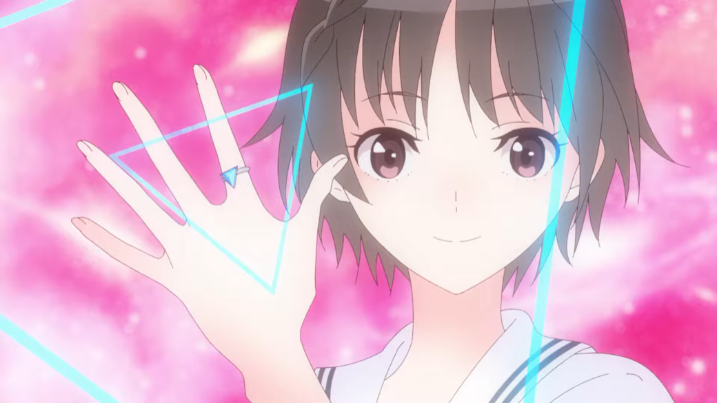 Hiori Hirahara bereitet sich darauf vor, sich in sie zu verwandeln "Reflektor" magische Mädchenkampfform in einer Szene aus der Eröffnungsanimation des Blue Reflection Ray TV-Anime.