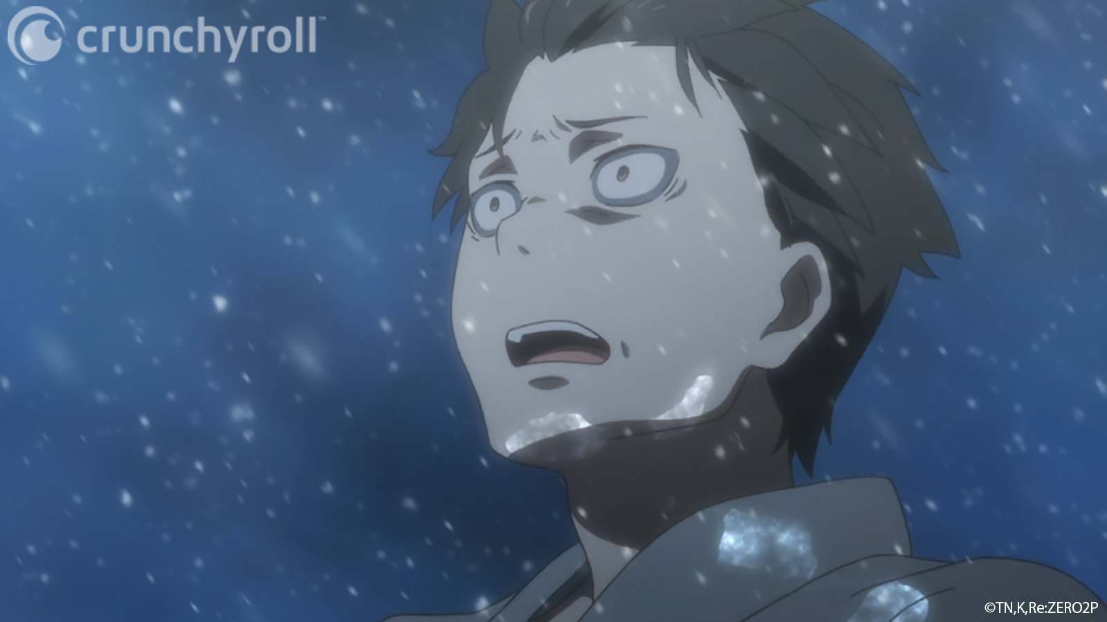Natsuki Subaru begins to freeze solid beneath the icy wrath of Puck in a scene from the Re:ZERO -Starting Life in Another World- TV anime.