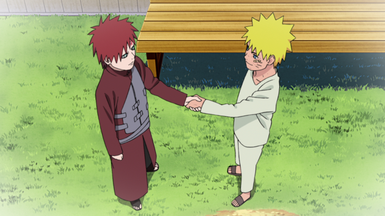 As Naruto convalesces from his injuries after the Fourth Great Ninja War, Gaara and he exchange a heartfelt handshake in a scene from the Naruto Shippuden TV anime.