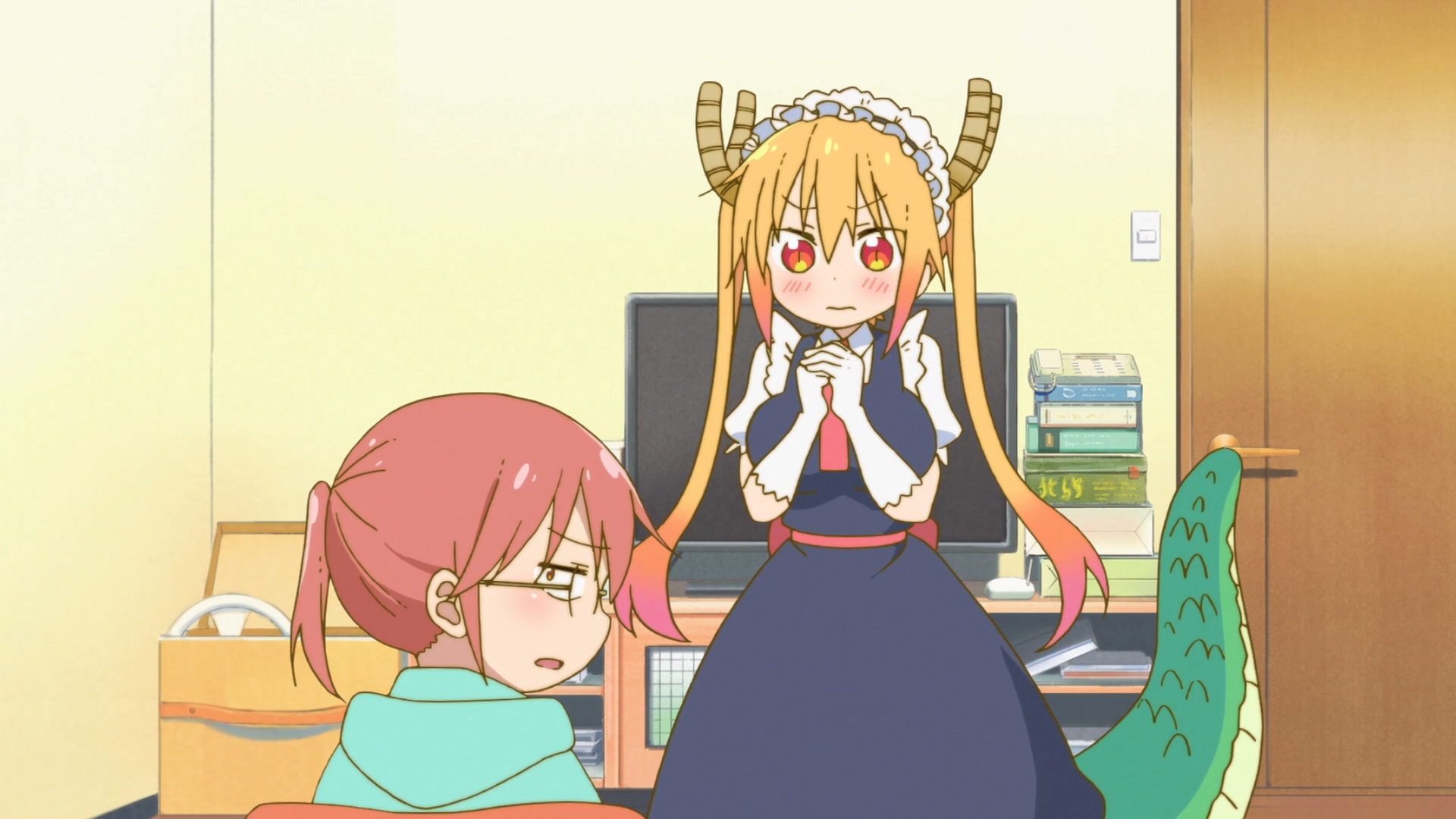 Kobayashi and Tohru share a quiet moment in a scene from the Miss Kobayashi's Dragon Maid TV anime.