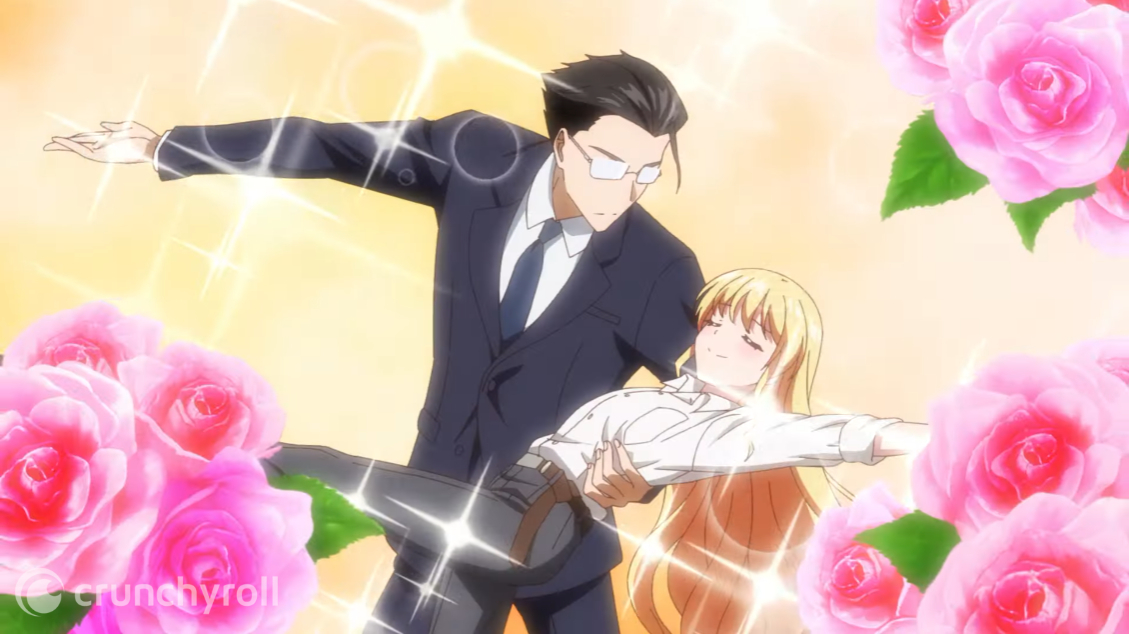 Hinata and Tsukasa perform a dipping dance maneuver whiles surrounded by sparkles and roses in a scene from the Life With an Ordinary Guy Who Reincarnated Into a Total Fantasy Knockout TV anime.