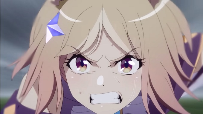Admire Vega grimaces as she races as hard and as fast as she can in a scene from the upcoming Umamusume: Pretty Derby Road to the Top web anime.